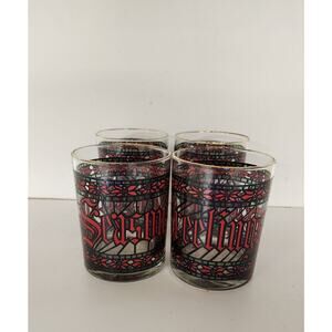 Lot of 4 Houze Vintage Seasons Greetings Stained Glasses Tumblers Cup Gold Rim